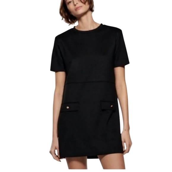 Zara Dresses & Skirts - Zara Women’s Black Faux Suede Shift Mini Dress Gold Button Detail Size Small